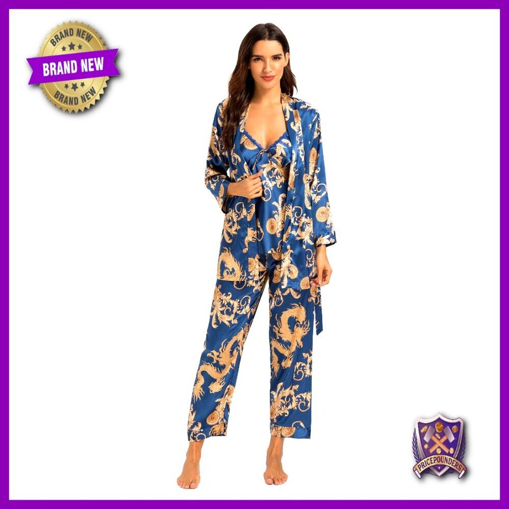 Silk Satin Pajama Set 3 Piece with Robe Long Sleeve Sleepwear Small